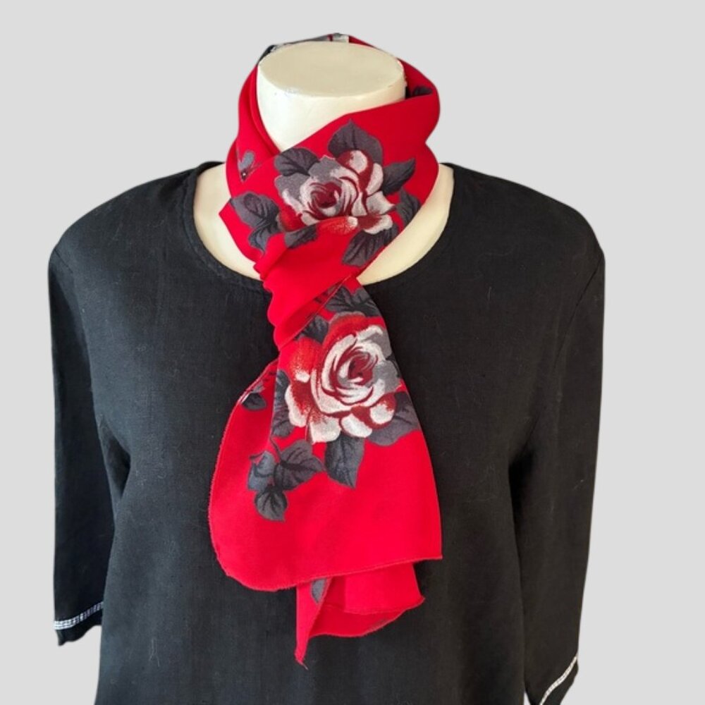 Vibrant Red Rectangle Scarf With White & Grey Roses
